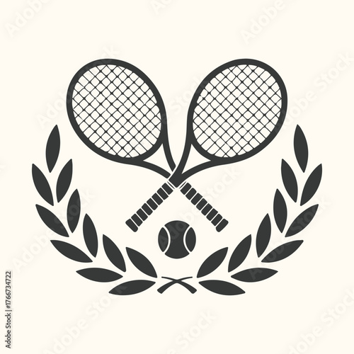 Vector art of vintage tennis emblem with crossed rackets, ball, and laurel wreath on a light cream background, symbolizing sport and victory