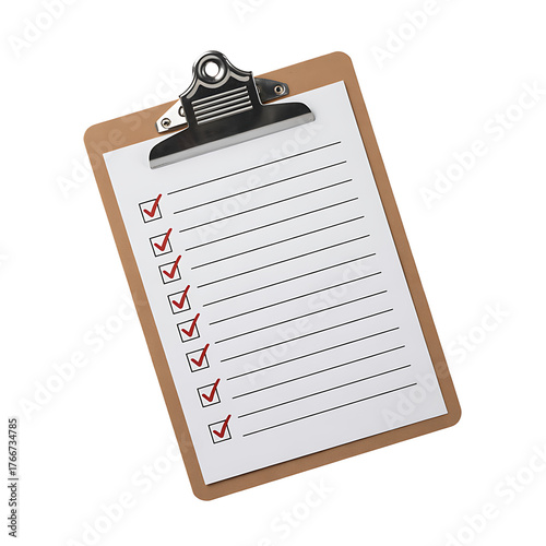 Clipboard with a checklist and red checkmarks, isolated on white