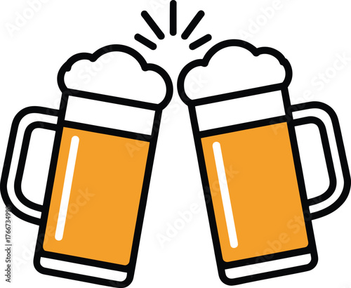 Cheers two frothy beer mugs clinking together celebrating a happy occasion with bright yellow liquid and white foam