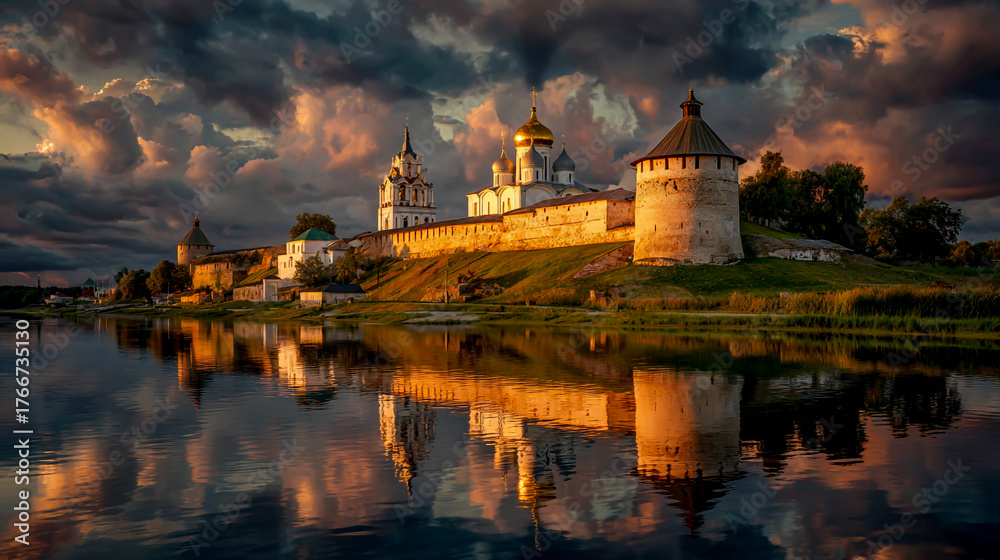 Fototapeta premium The medieval walls of the Pskov Kremlin, the golden domes and white towers of St. Mikhail's Monastery