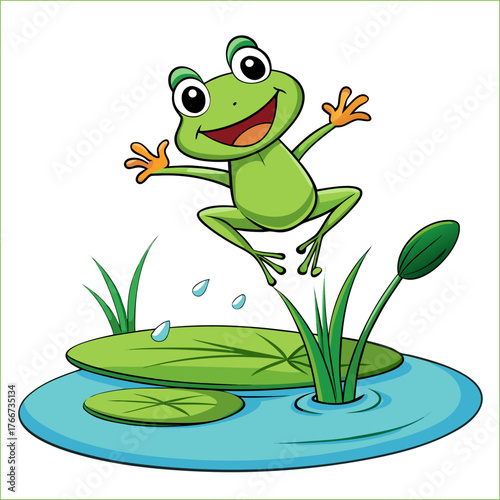 Cute cartoon frog sitting on lily pad in serene pond setting
