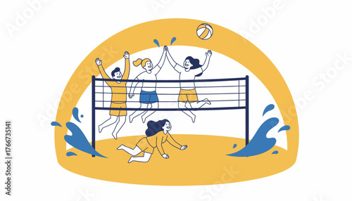 Group of friends cheerfully jumping and diving while playing volleyball by the water, celebrating teamwork and fun summer sports activity, on transparent background