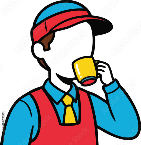 Person in Red Vest Blue Shirt and Yellow Tie Drinks From Yellow Mug Wearing Red and Blue Hat