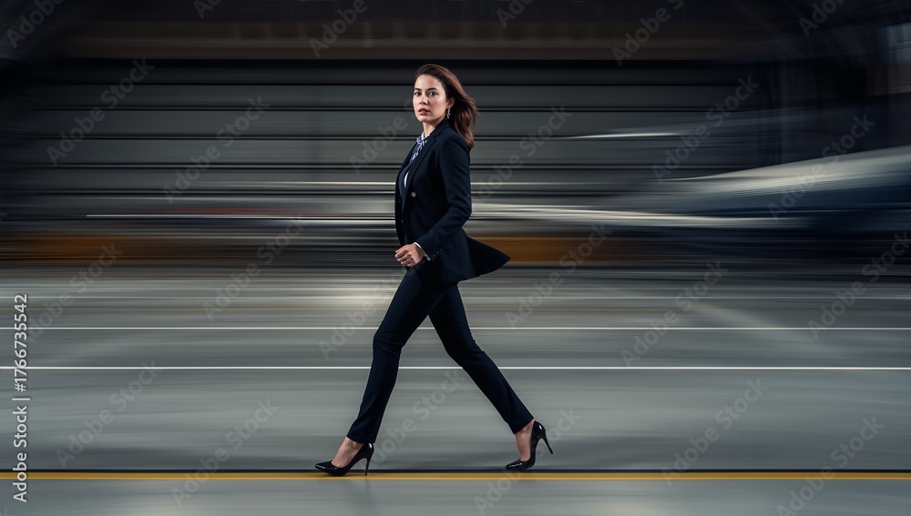 Fototapeta premium Walking businesswoman in suit crossing hangar floor, with yellow line, metal panels and fuselage