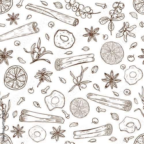 Monochrome dried fruit slice, berries and winter spices vector seamless pattern. Cinnamon sticks, dried orange and apple slices, sea buckthorn, cowberry, cardamom, anise and cloves ornate