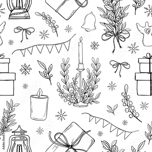 Burning candle on tall candlestick surrounded by decorative branches with leaves monochrome vector illustration painted by black inks. Holiday floral composition for Christmas cards, winter decor