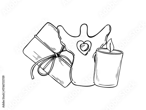 Vector monochrome illustration of Xmas decorative elements. Etching drawing of Christmas angel doll with central bell, aromatic candle, wrapped gift box tied with rope. For greeting card, invitation.