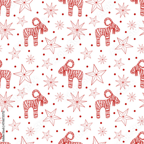 Traditional Scandinavian Yule goat made of straw with ribbons and stars and snowflakes vector seamless pattern in monochrome red color. Sweden symbol line art black ink ornate for winter packaging.