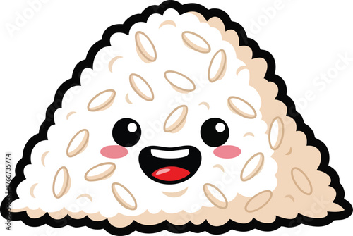 Cute cartoon rice ball character with smiling face and rosy cheeks white background isolated