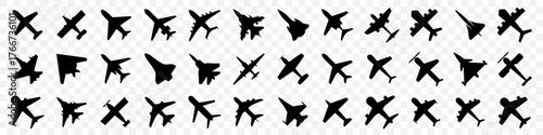 Airplane silhouette collection with different aircraft types. Aviation set representing travel, transport and air industry