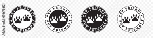 Pet friendly badge icons with paw symbols. Stickers for hotels, cafes and public places welcoming animals. Clean silhouettes for safety and comfort