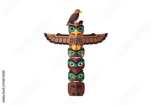 Colorful Totem Pole with Eagle Sculpture on Top Isolated.