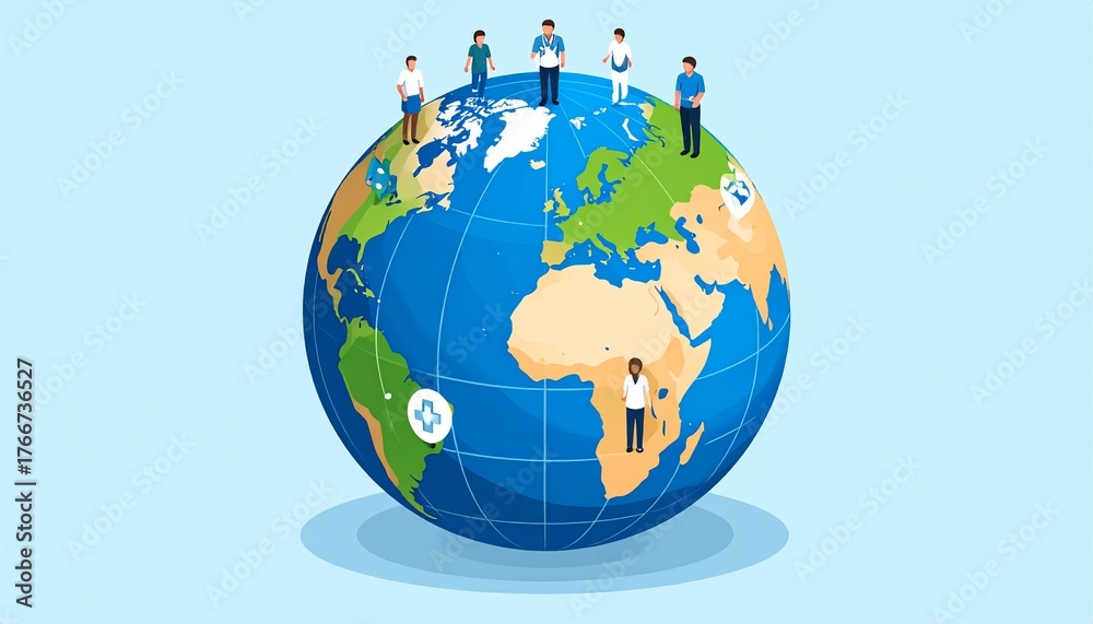 Naklejka premium Diverse group of people standing on a globe, representing global community and interconnectedness.