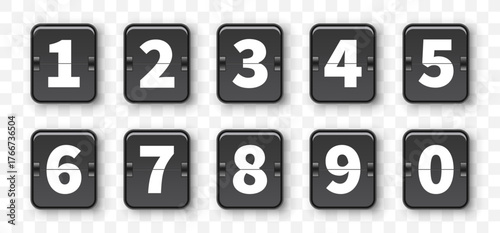 Flip counter numbers set. White digits on black mechanical elements. Useful for countdown timers and dashboards