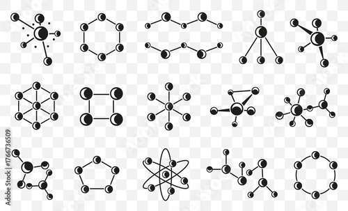 Molecule structure icon collection showing atomic and chemical connections. Black scientific symbols of particles and bonds