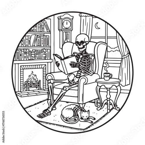 Spooky Skeleton Reading Book in Armchair by Fireplace with Cat.