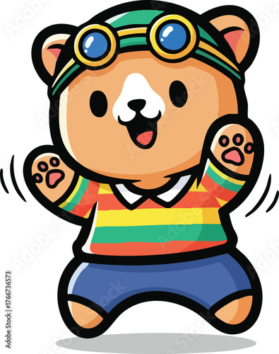 Joyful Cartoon Bear Character Wearing Goggles and Striped Shirt Dancing Energetically