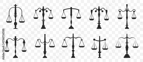 Justice scales icons for law and court themes. Balance symbols representing fairness and rights. Minimal silhouettes for legal project