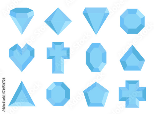 Blue gemstones collection with various geometric cuts and crystal reflections. Different faceted shapes create elegant jewel