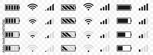 Wifi and battery status icons with signal strength indicators. Black and gray elements representing technology connectivity symbols