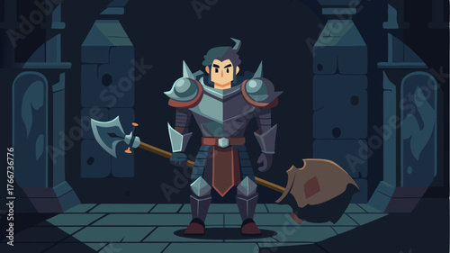 A character in heavy armor preparing to engage in battle against formidable foes in a dark atmospheric dungeon filled with s and treasures.