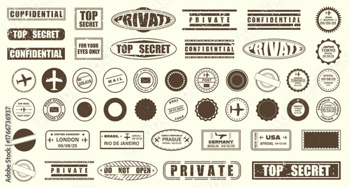 Post stamps and aviation labels. Vintage travel marks in brown style. Suitable for mail envelopes and retro branding