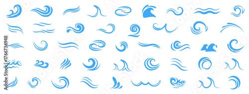 Ocean waves icons in blue style. Dynamic motion shapes for sea related themes. Perfect for summer and surfing content