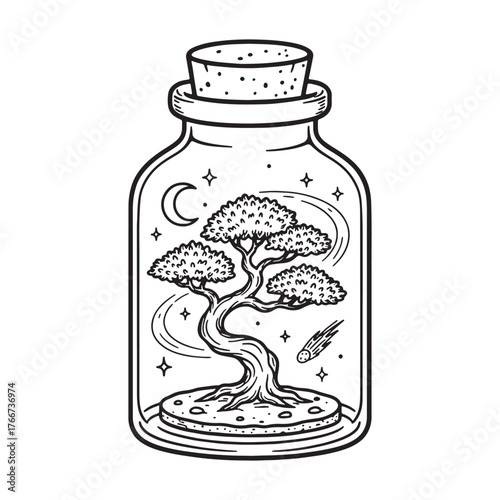 Cosmic Bonsai Tree in a Glass Jar Outline.