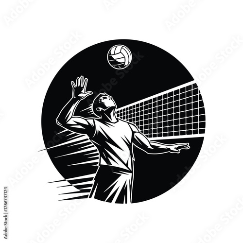 Volleyball Player Spiking Ball Logo Icon, Dynamic Attack Action Sports Monochrome Circle Badge