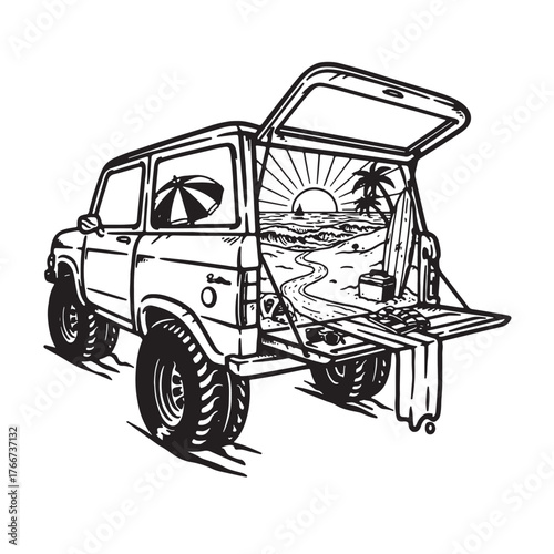 Summer Beach Vacation Scene in a Vintage SUV Trunk.