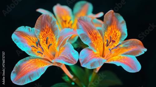 Brightly colored glowing flowers under dark background create a striking visual effect at night