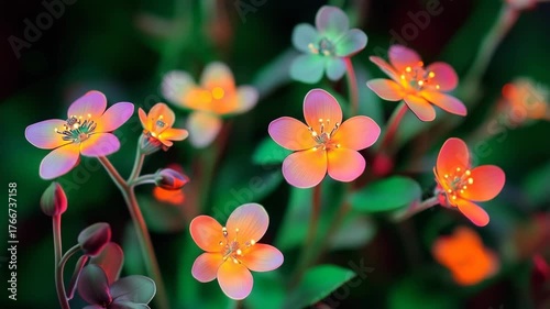Brightly colored glowing flowers under dark background create a striking visual effect at night