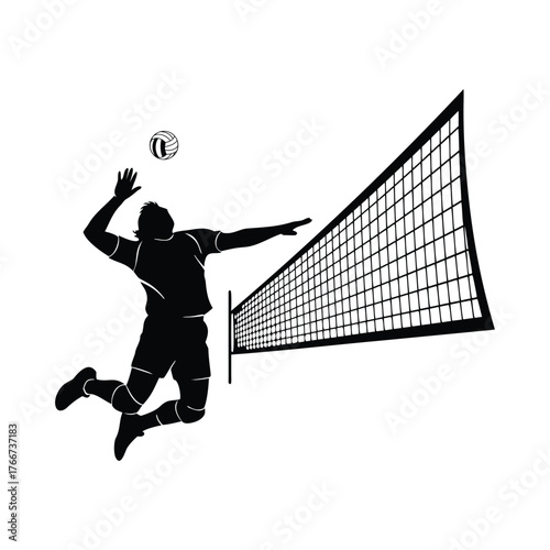 Volleyball Player Silhouette Spiking Ball Over Net Vector, Dynamic Jump Attack Sports Action Graphic