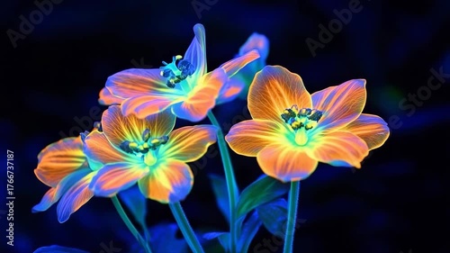 Brightly colored glowing flowers under dark background create a striking visual effect at night