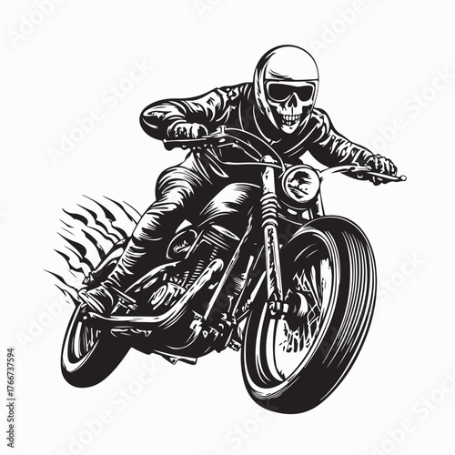 Skeleton Rider in Leather Jacket Motorcycle Vector Image on white background