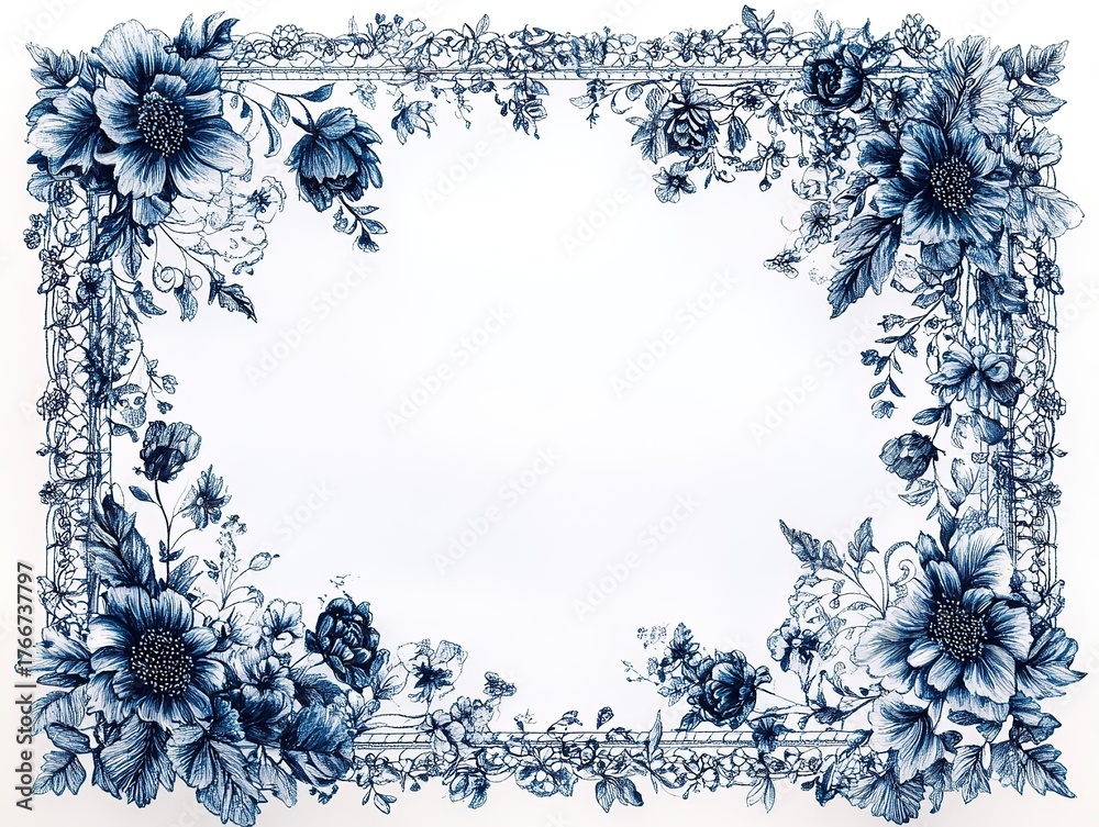 Fototapeta premium Blue Lace Rectangular Frame Vector Illustration With Minimalist Line Design For Digital And Print Media