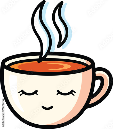 Cute Cartoon Cup Of Tea With A Happy Face And Steam Rising Up