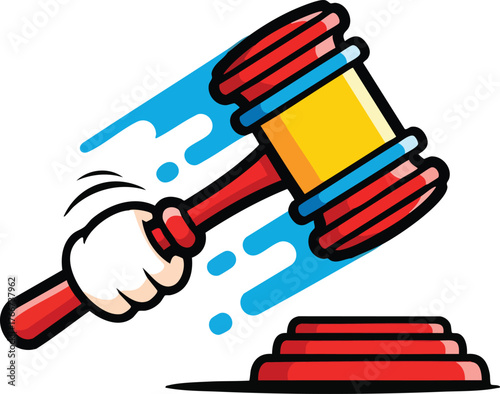 Cartoon Hand Gripping A Red Gavel For A Court Hearing With Motion Blur Effect