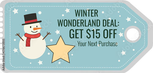 Charming snowman themed 15$ off coupon tag