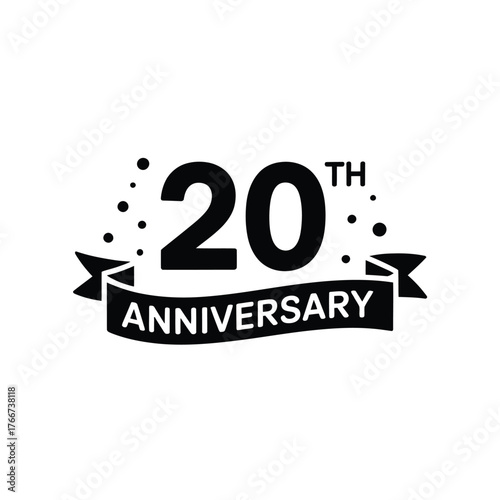 Black and white graphic celebrating a 20th anniversary with confetti and banner