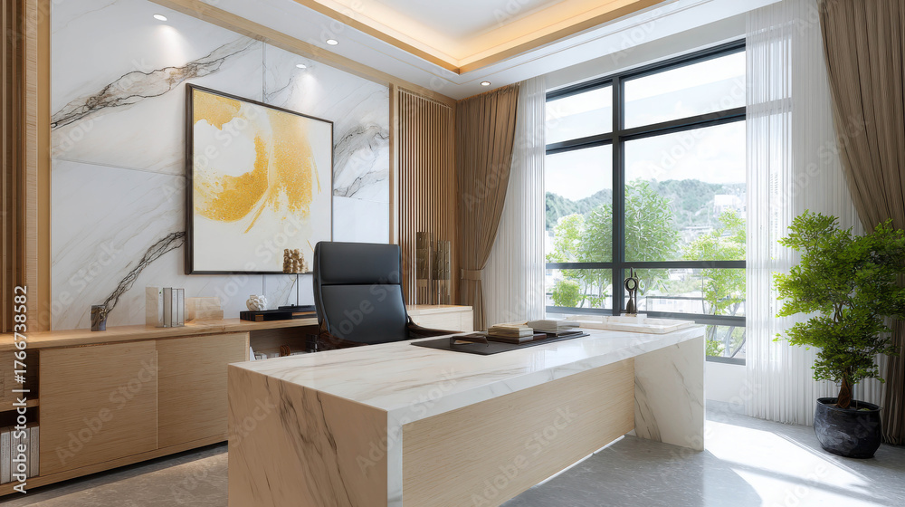 Fototapeta premium Elegant Executive Office Interior with Marble Textures and Soft Lighting in Modern Design Featuring Artistic Decor and Natural Views