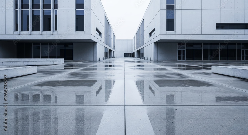 Fototapeta premium Minimalist concrete buildings with rainy reflections