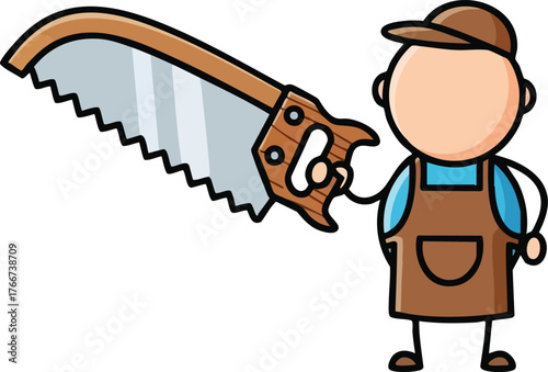Cartoon Carpenter Holding Large Hand Saw With Woodworking Apron and Cap