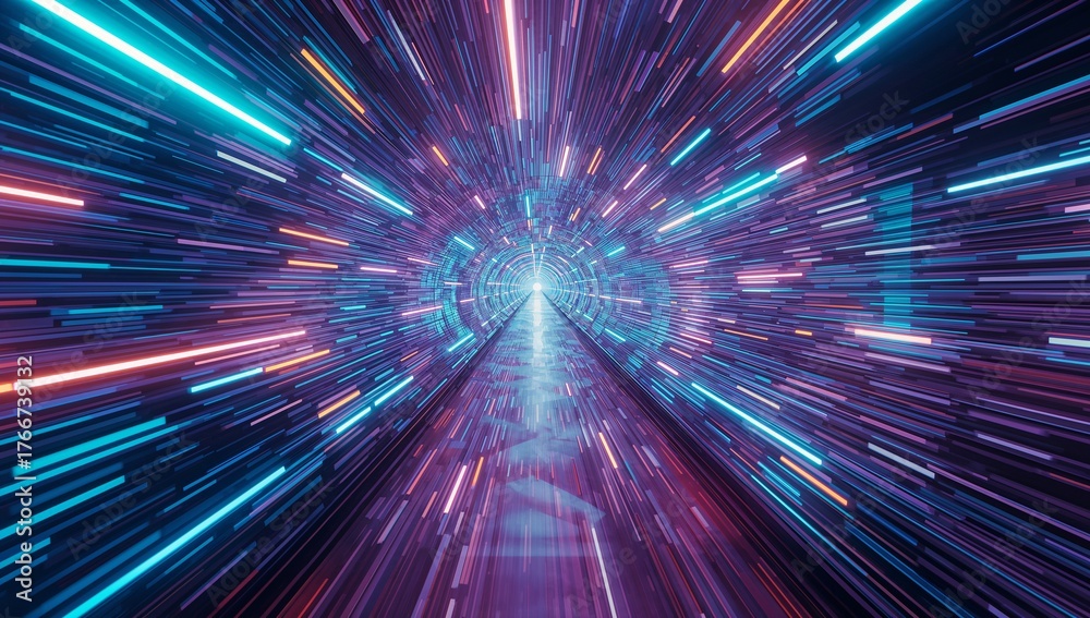 Obraz premium Streaming neon light bars racing through tunnel structure at interior, reflecting on mirrored floor