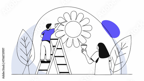 A vibrant mural starting to take shape featuring a sun and flowers with members stepping back to admire their progress and take team photos with paintstained clothes.
