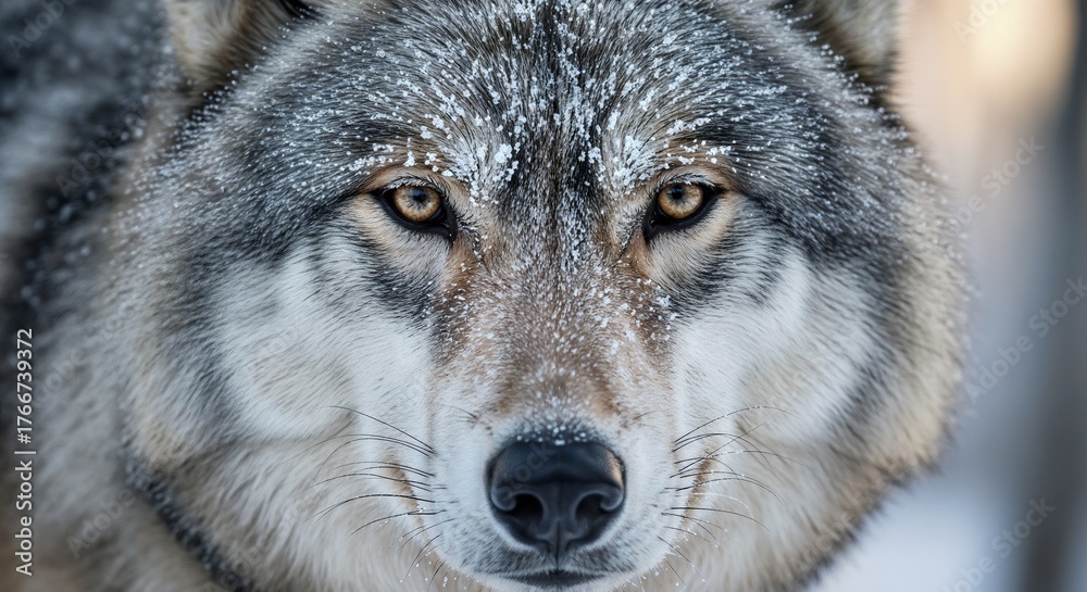 Fototapeta premium Intense close up portrait of a gray wolf in snowy winter forest