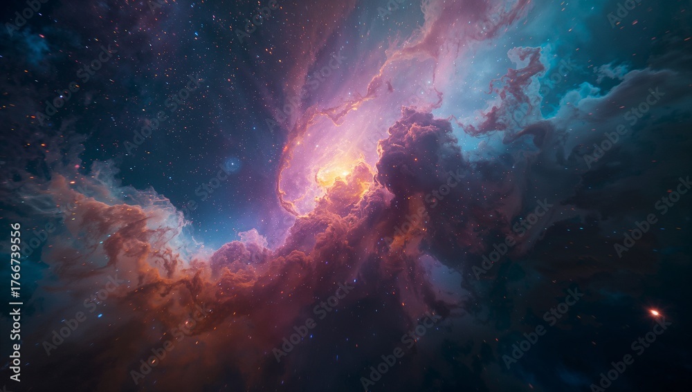 Fototapeta premium Swirling vibrant nebula structure glowing in deep space, with gas clouds, dust filaments and stars