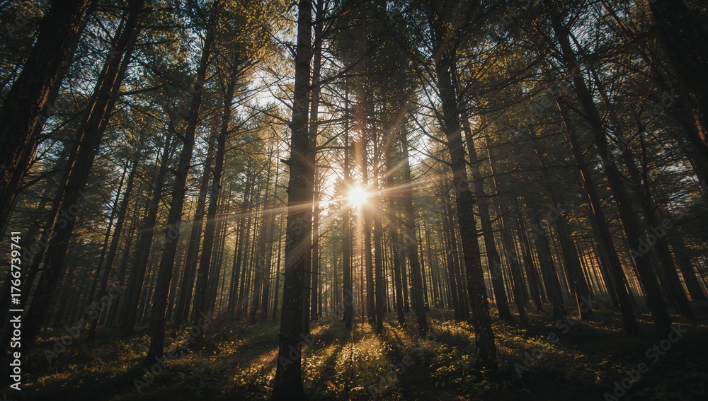 Obraz premium Sunburst streaming pine trunks in conifer forest, highlighting ferns and grasses on forest floor