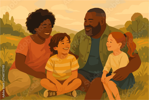 Happy diverse family outdoors — parenthood and togetherness illustration