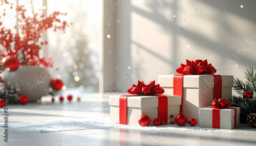 Festive scene with gift boxes adorned with red ribbons, surrounded by holiday decorations and pine branches in sunlit room